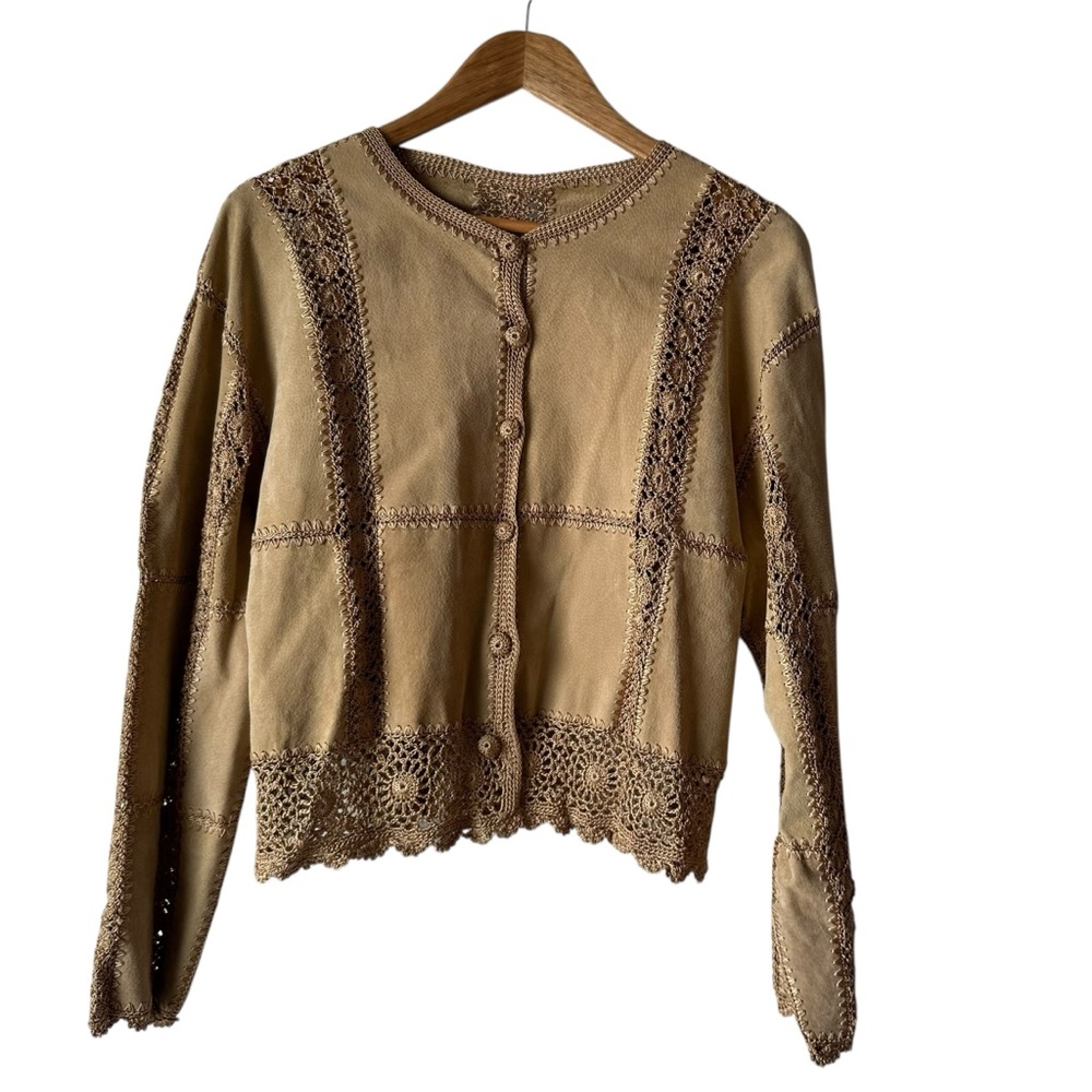 Scully Vintage Suede & Crochet Patchwork Button Down Boho Cardigan Jacket Tan